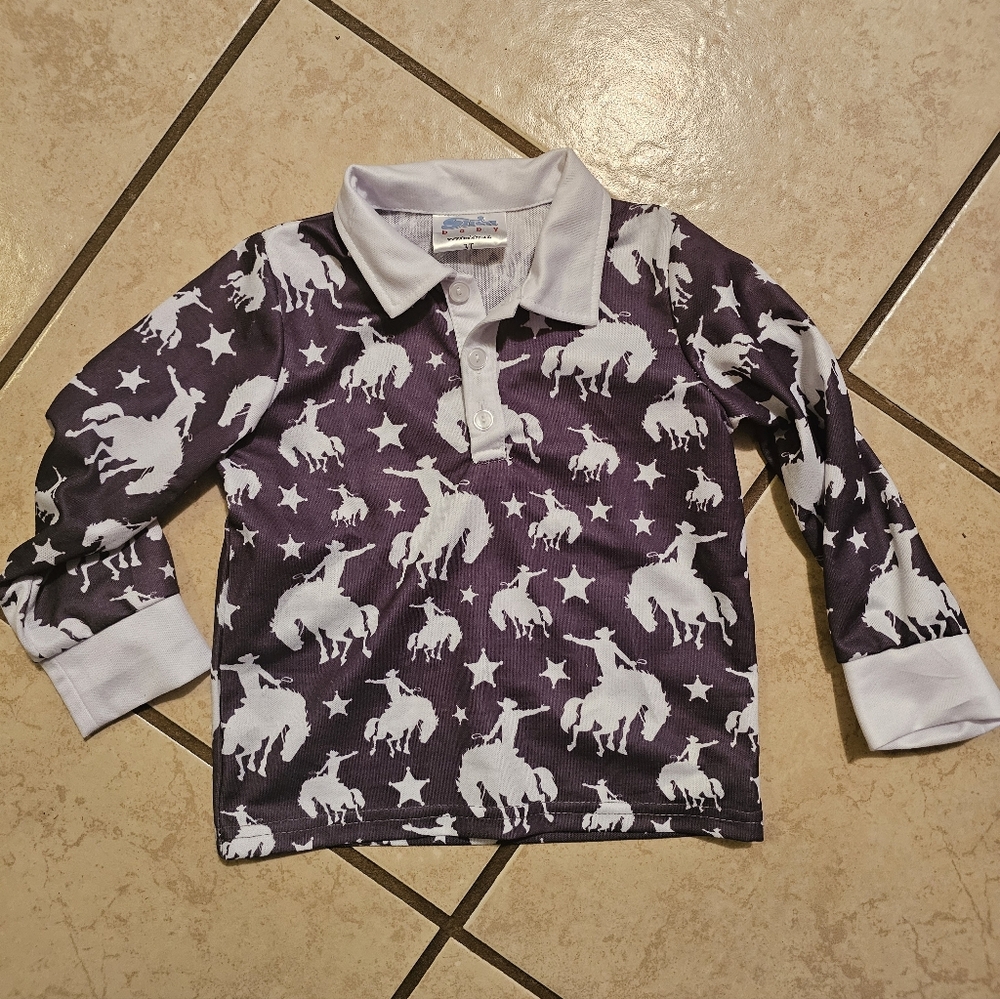Kids Long-Sleeve Polo Shirt- Bucking Horse & Star Print - Black&white